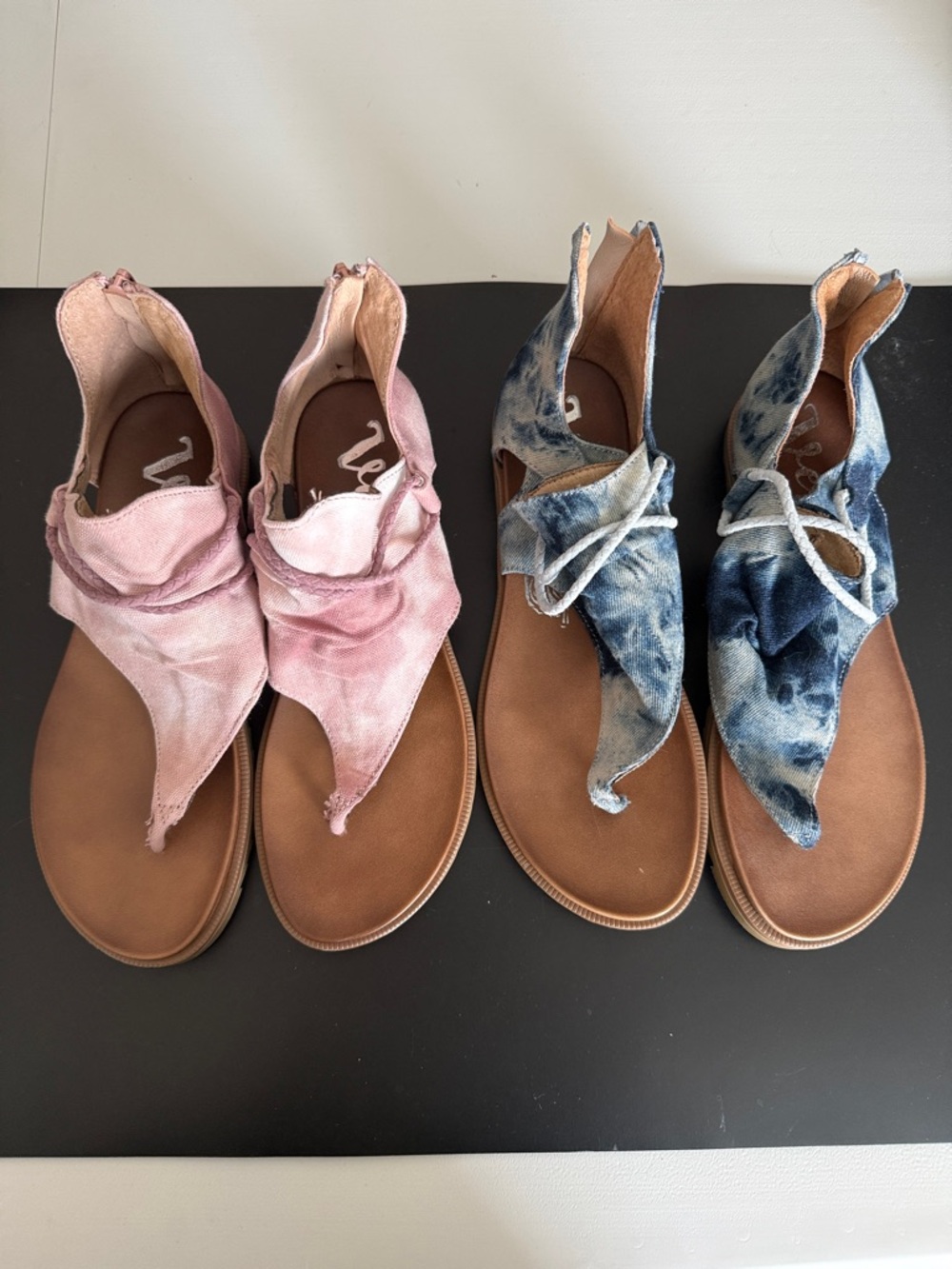 Very G Tie-Dye Knot-Front Thong Sandals in Pink and Blue
